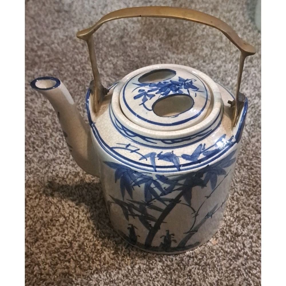 Vintage Blue & White Asian Ceramic Teapot with Brass Handle